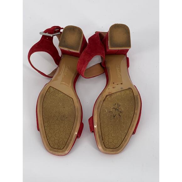 CALVIN KLEIN Women's Red Faux-Suede Open Toe Block-Heel Ankle Strap Sandals SZ 7 - Picture 6 of 9
